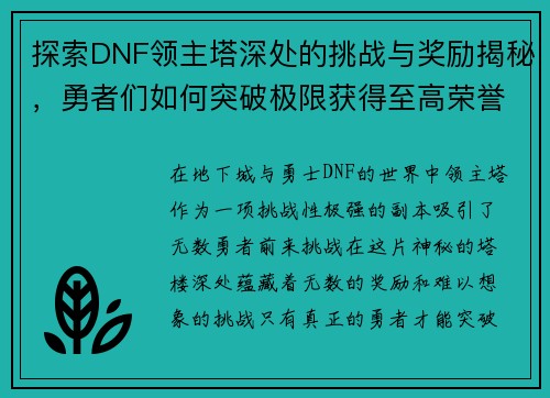 探索DNF领主塔深处的挑战与奖励揭秘，勇者们如何突破极限获得至高荣誉