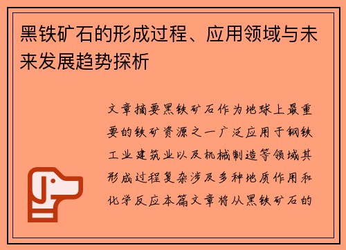 黑铁矿石的形成过程、应用领域与未来发展趋势探析